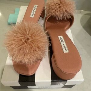Aquazzura Pink and Tan Pom-Pom Mules